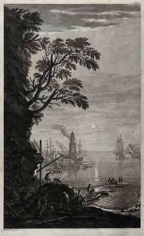 A harbour in the evening with men working in the foreground, while others are contemplating the sunset or swimming. Etching by S. Rosa.