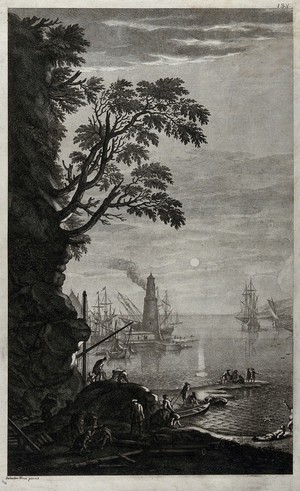 view A harbour in the evening with men working in the foreground, while others are contemplating the sunset or swimming. Etching by S. Rosa.