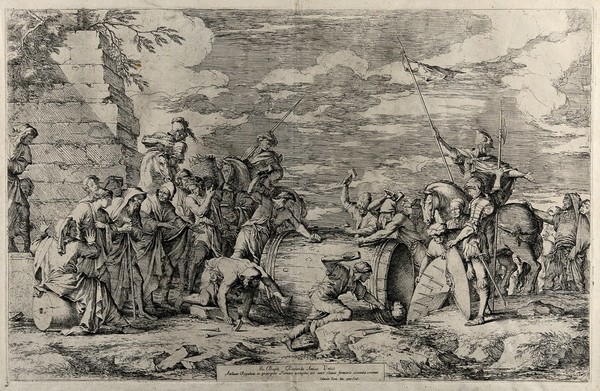 Marcus Atilius Regulus placed in a barrel lined with iron spikes; Carthaginian soldiers hammer more spikes into the barrel and prepare to close the lid. Etching by S. Rosa.