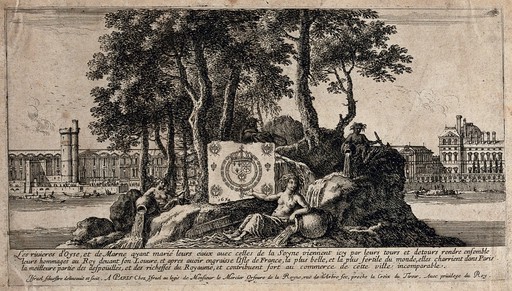 An island in the Seine with the River Goddesses of the Oyse, the Marne and the Seine displaying the royal coat of arms in front of the Louvre. Etching by I. Silvestre, 1654.
