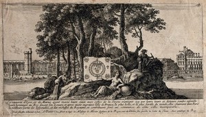 view An island in the Seine with the River Goddesses of the Oyse, the Marne and the Seine displaying the royal coat of arms in front of the Louvre. Etching by I. Silvestre, 1654.