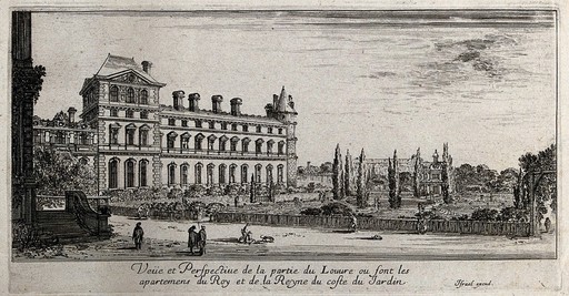 Wing of the Louvre with the royal apartments overlooking the gardens. Etching.