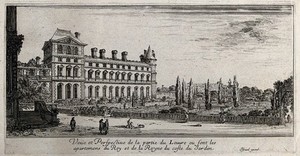 view Wing of the Louvre with the royal apartments overlooking the gardens. Etching.