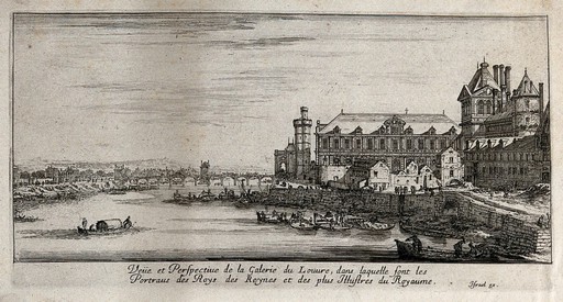 Louvre seen from the bank of the Seine. Etching.