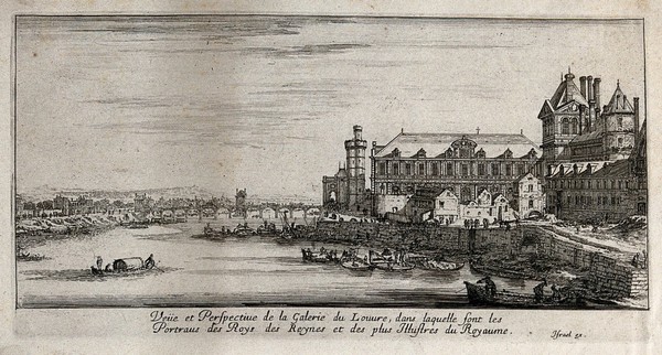 The Louvre seen from the bank of the Seine. Etching.