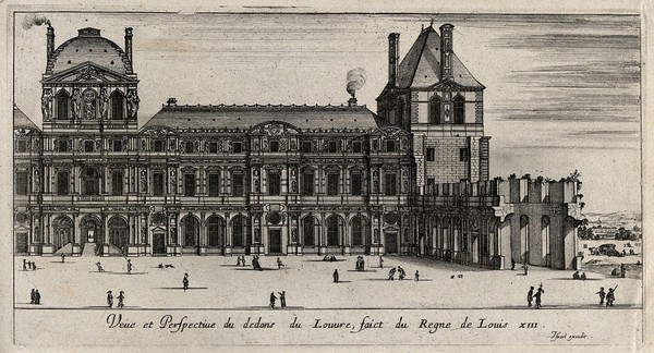 Part of the Louvre which was built during the reign of Louis XIII, seen from the later Cour Carrée. Etching.