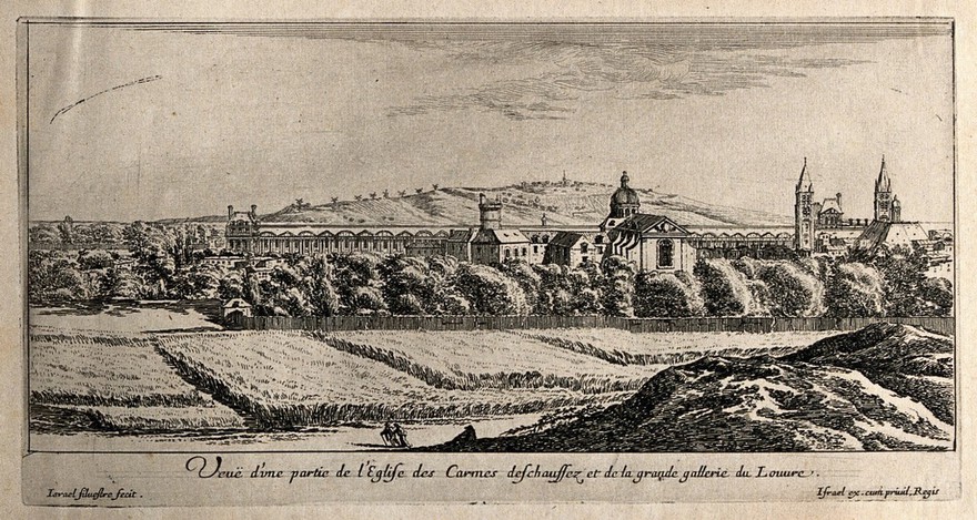 The Louvre and parts of the church of the Carmelites. Etching by I. Silvestre.
