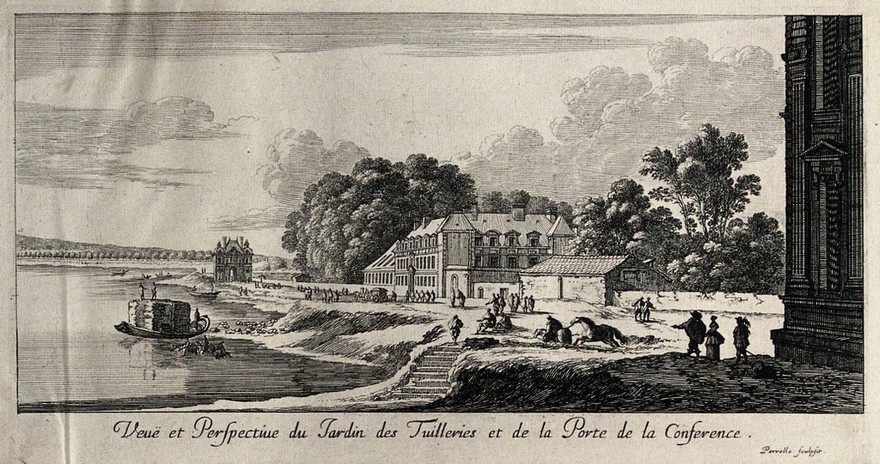 Paris: the Tuileries garden and the Porte de la Conference. Etching by Perelle.