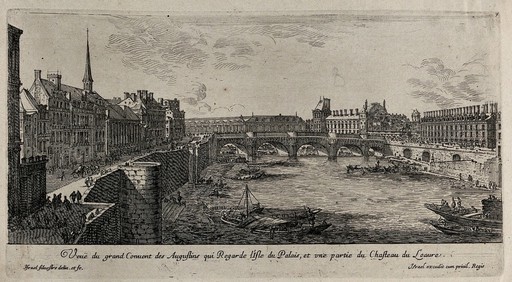 The Seine with the convent of the Augustinians and a part of the Louvre. Etching by I. Silvestre.