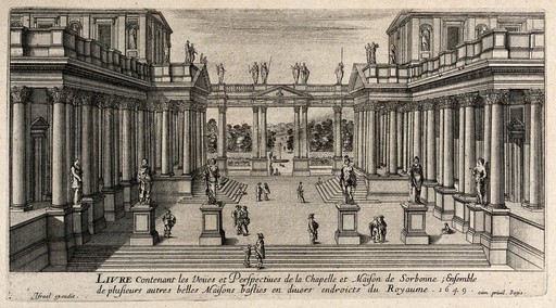 Paris: the colonnade of the Sorbonne. Etching.