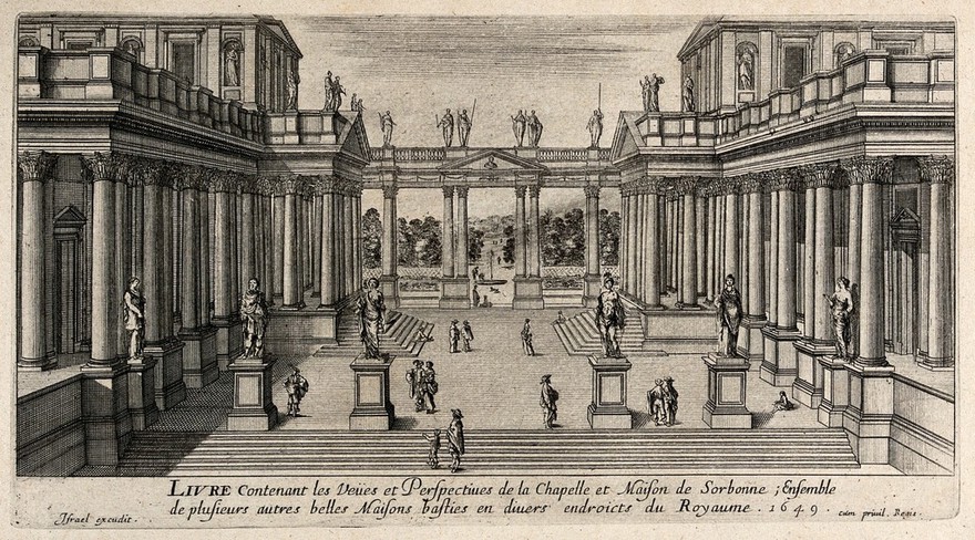 Paris: the colonnade of the Sorbonne. Etching.