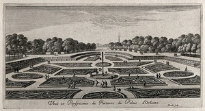 view The gardens of the Palais d'Orleans. Etching by Perelle.