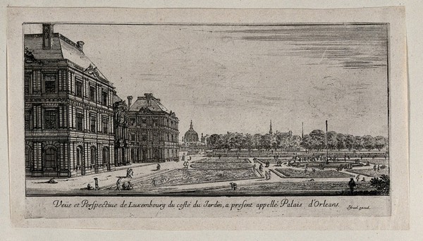 The Palais d'Orleans with the Jardin du Luxembourg. Etching.
