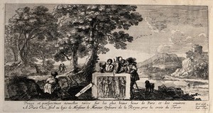 view Men gathering around an ancient relief in a landscape outside Paris with a view of a castle in the distance. Etching by C. Goyrand.