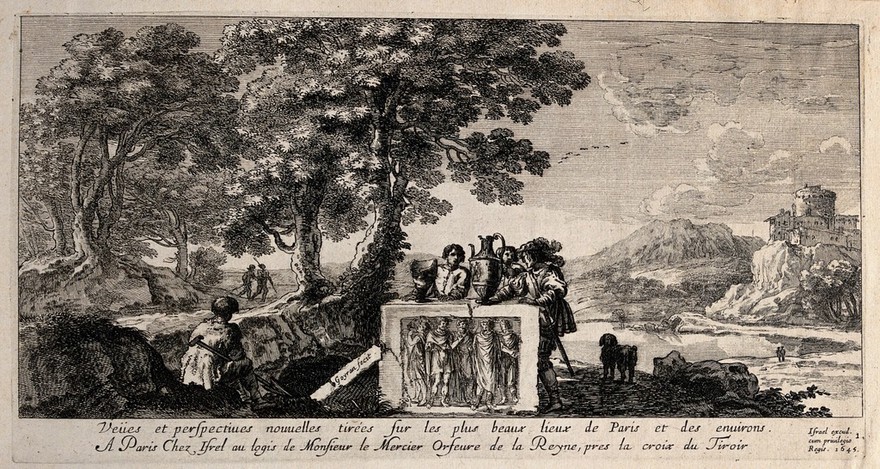 Men gathering around an ancient relief in a landscape outside Paris with a view of a castle in the distance. Etching by C. Goyrand.