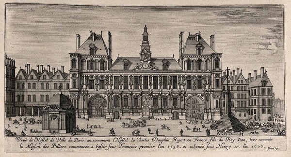 The Hôtel de Ville in Paris. Etching.