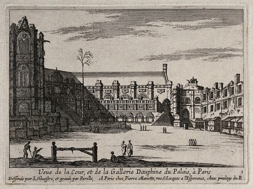 Courtyard and gallery of the Palais Dauphine in Paris. Etching by Perrelle after I. Silvestre.