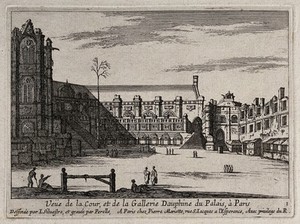 view Courtyard and gallery of the Palais Dauphine in Paris. Etching by Perelle after I. Silvestre.