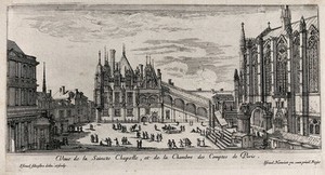 view The Sainte Chapelle and the Chambre des Comptes in Paris. Etching by Israel Silvestre.