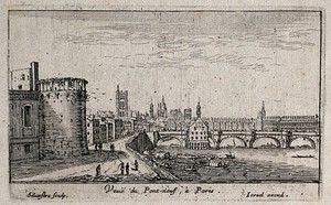 view The Pont-Neuf in Paris. Etching by I. Silvestre.