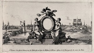 view The city of Paris, with an allegory of the arts that adorn the city. Etching.