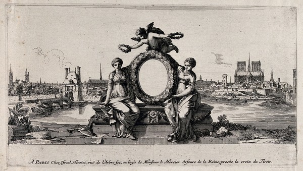 The city of Paris, with an allegory of the arts that adorn the city. Etching.