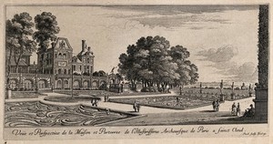 view The palace and the gardens of the Archbishop of Paris at Saint Cloud. Etching by Perelle.