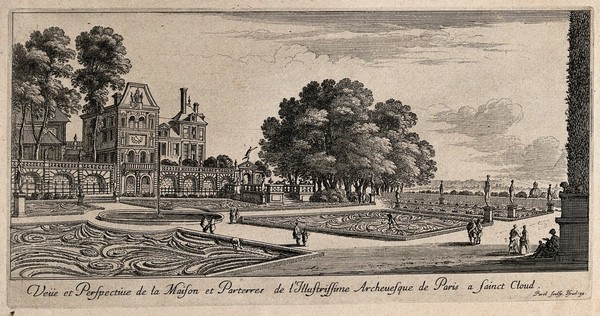 The palace and the gardens of the Archbishop of Paris at Saint Cloud. Etching by Perelle.