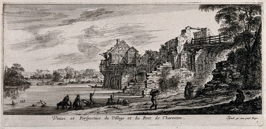 The village and bridge at Charenton. Etching.