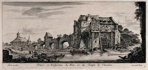 view The bridge and church at Charenton. Etching.