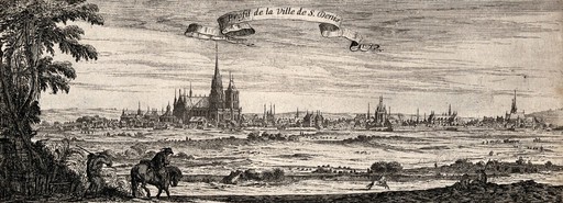 A panorama of St. Denis near Paris. Etching by I. Silvestre.