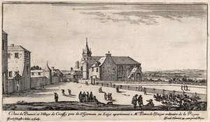 view The priory and village of Croissy near St. Germain en Laye. Etching by I. Silvestre.