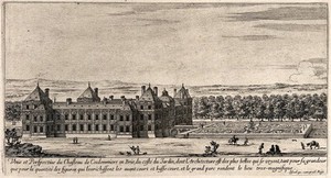 view The castle and gardens at Coulommiers in Brie. Etching.