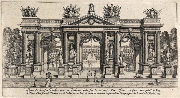 A triumphal arch in a garden. Etching by Israel Silvestre.