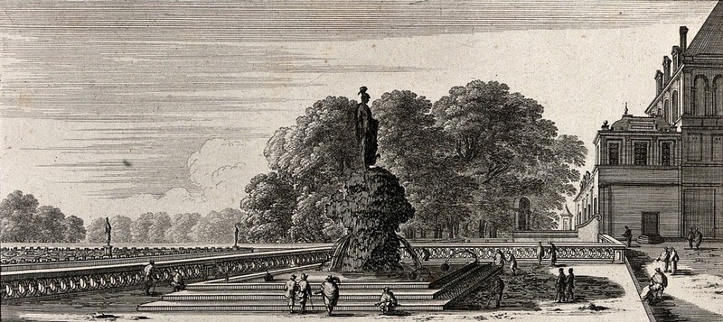 The courtyard of fountains at Fontainebleau. Etching by Perelle., by Adam Pérelle