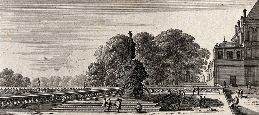 The courtyard of fountains at Fontainebleau. Etching by Perelle.