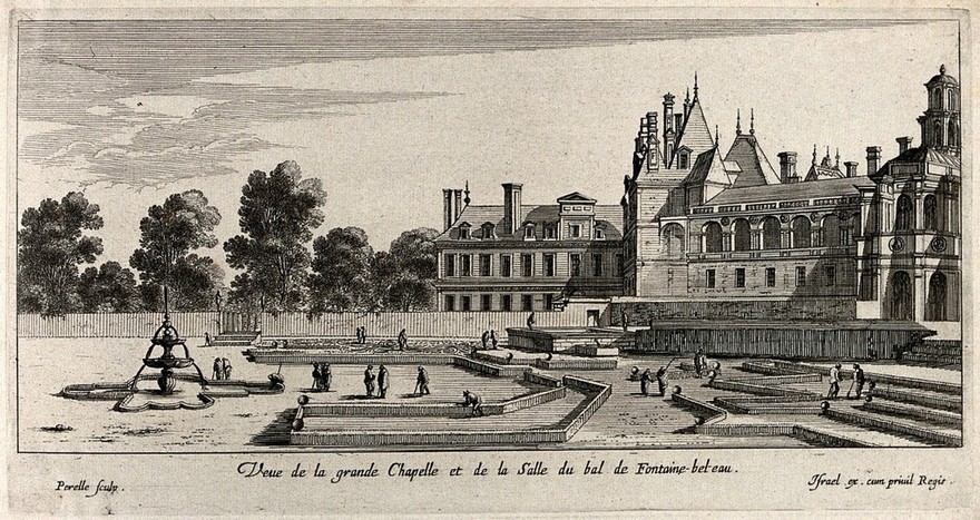The great chapel and the ballroom at Fontainebleau, with a large courtyard in the foreground. Etching by Perelle.
