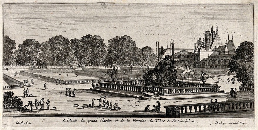 The fountain of Tiber at Fontainebleau. Etching by I. Silvestre.