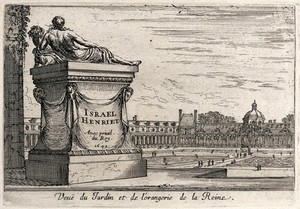 view The orangery and the gardens of the queen at Fontainebleau. Etching.