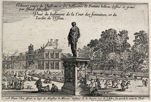 view The Cour des Fontaines and the Jardin de l'Estan at Fontainebleau. Etching by I.Silvestre.