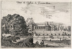 view The castle at Fontainebleau. Etching.