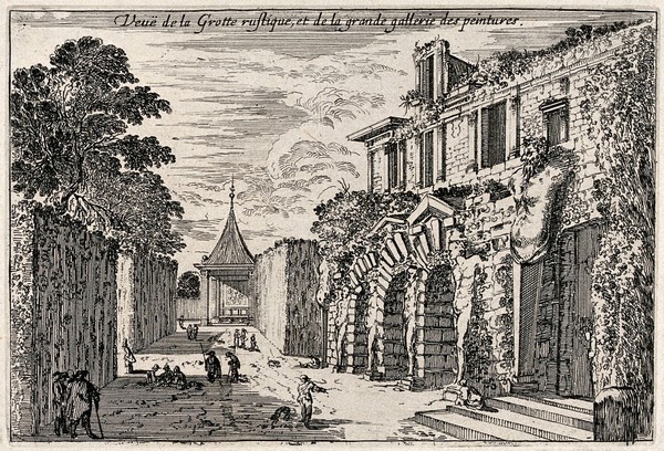 The grotto and the Grande Gallerie des Peintures at Fontainebleau. Etching.