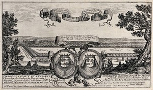 view The coats of arms of Roger du Plessis and Jeanne de Schomberg and scrolls before a panorama of Liancourt. Etching by I. Silvestre.