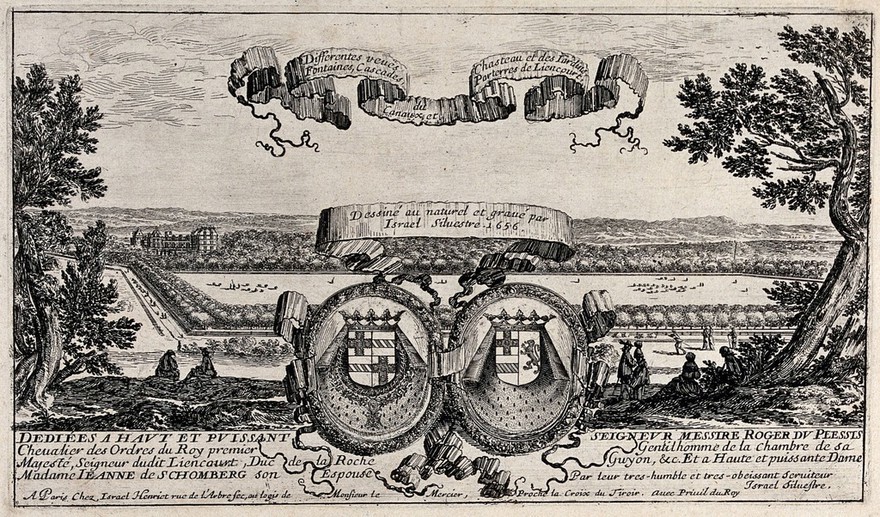 The coats of arms of Roger du Plessis and Jeanne de Schomberg and scrolls before a panorama of Liancourt. Etching by I. Silvestre.