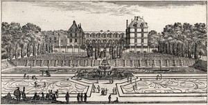 view The castle of Liancourt and the cascades in the gardens. Etching by I. Silvestre.