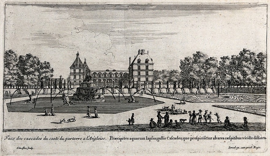 The castle of Liancourt seen from the waterfalls. Etching by I. Silvestre.