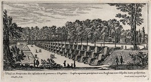 view The cascades and the English garden at Liancourt. Etching by I. Silvestre.