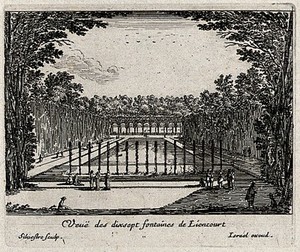 view The seventeen fountains in the gardens at Liancourt. Etching by I. Silvestre.