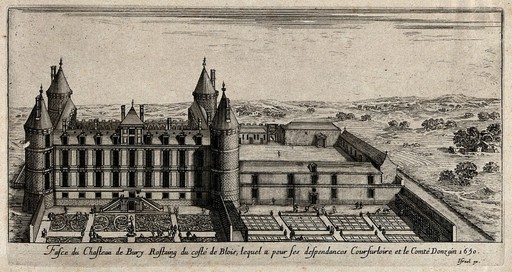 The castle of Bury Rostaing near Blois. Etching.