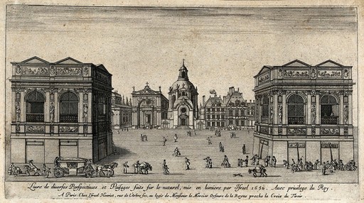 An urban square with pavilions and a church. Etching.